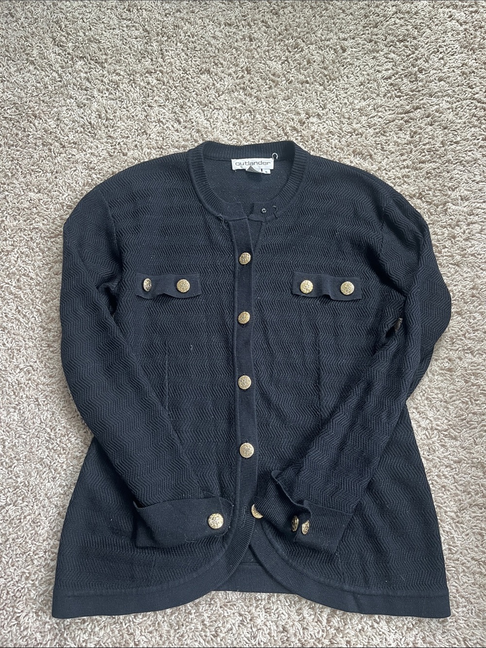 Black Knit Button-Front Jacket with Gold Buttons